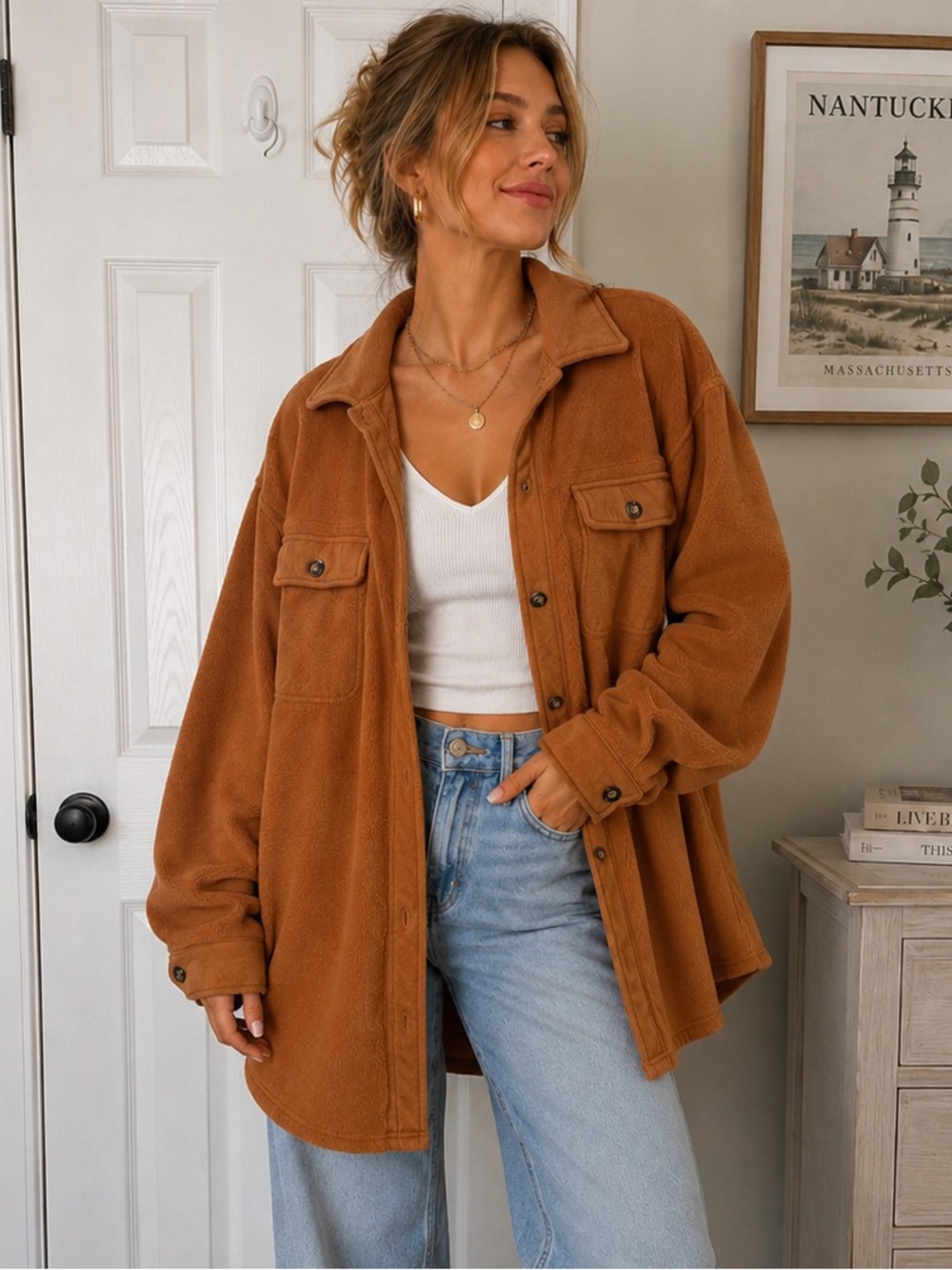 BiBi Oversized Fleece Shacket Small Camel Brown Button Front Jacket